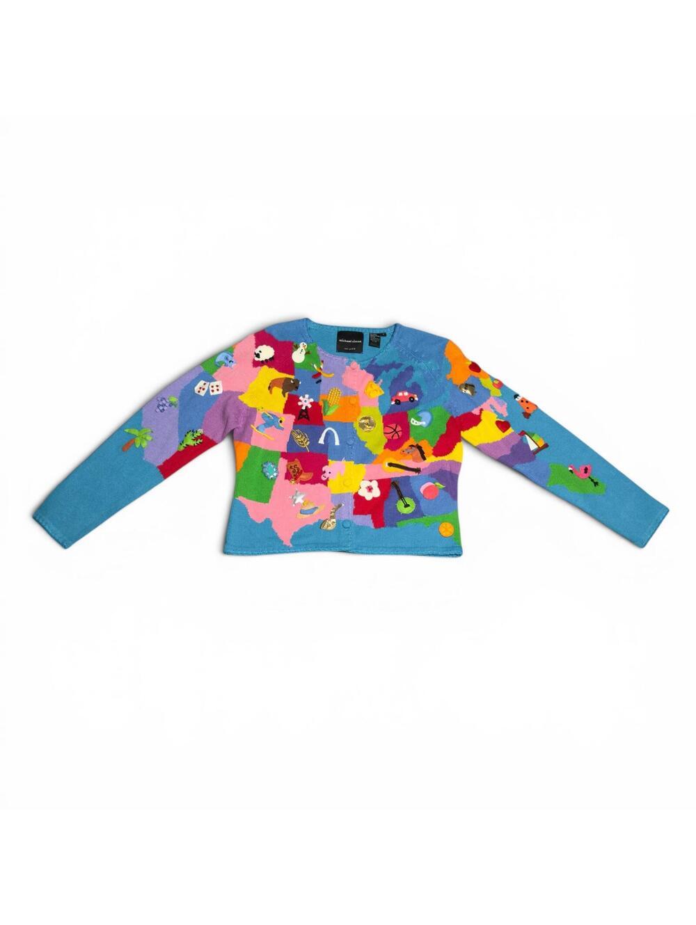 RARE Vintage Michael Simon Embroidered Map Mixed Motif Cardigan Size M